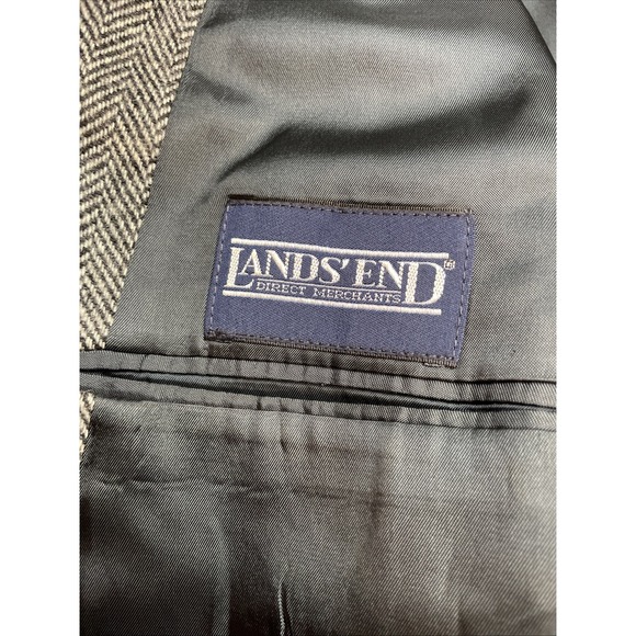 Vintage Lands End Herringbone Tweed Blazer Mens 46R Black 100% Wool Two Button - Picture 4 of 16